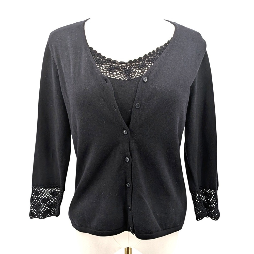 Silk Blend Cardigan Black Lace Illusion Crochet Trim Button Front Petite PM
